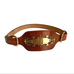 Vintage Brown Leather Belt with Gold Accent Plate